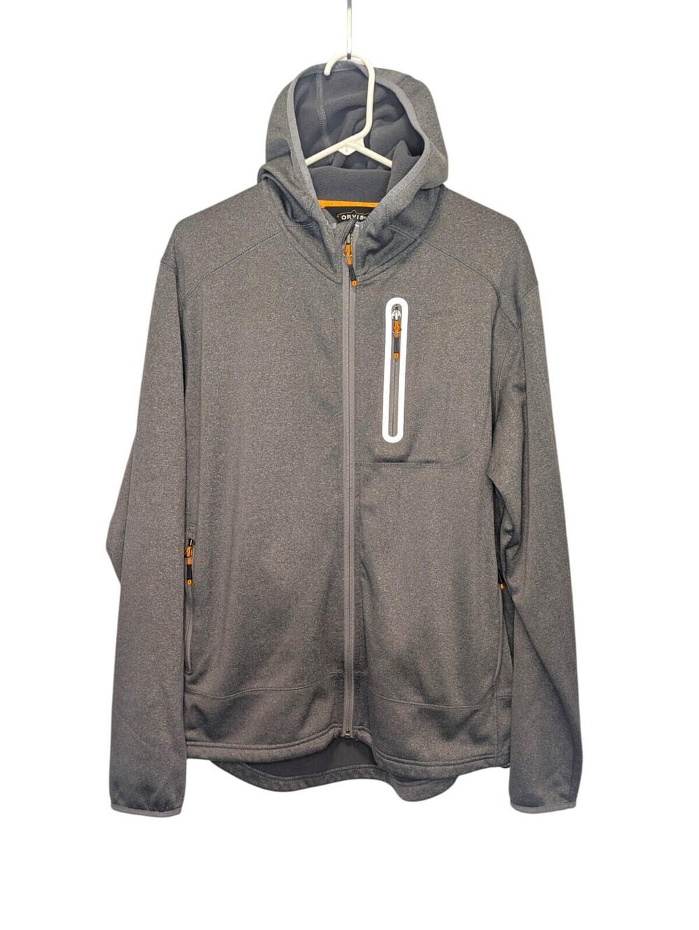 Orvis Men's L Full Zip Hooded Fleece Jacket Gray Stretch Hiking Outdoor